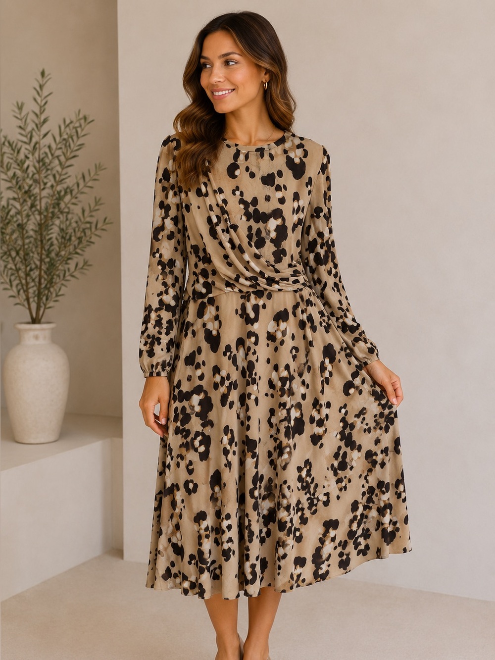 H&M Beige and Brown Cheetah Printed Midi Dress